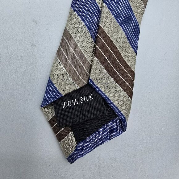 Mens Necktie Pronto Uomo Formal 57"Lx3.5"W Tan, Blue, Striped Silk Vintage - Picture 6 of 6